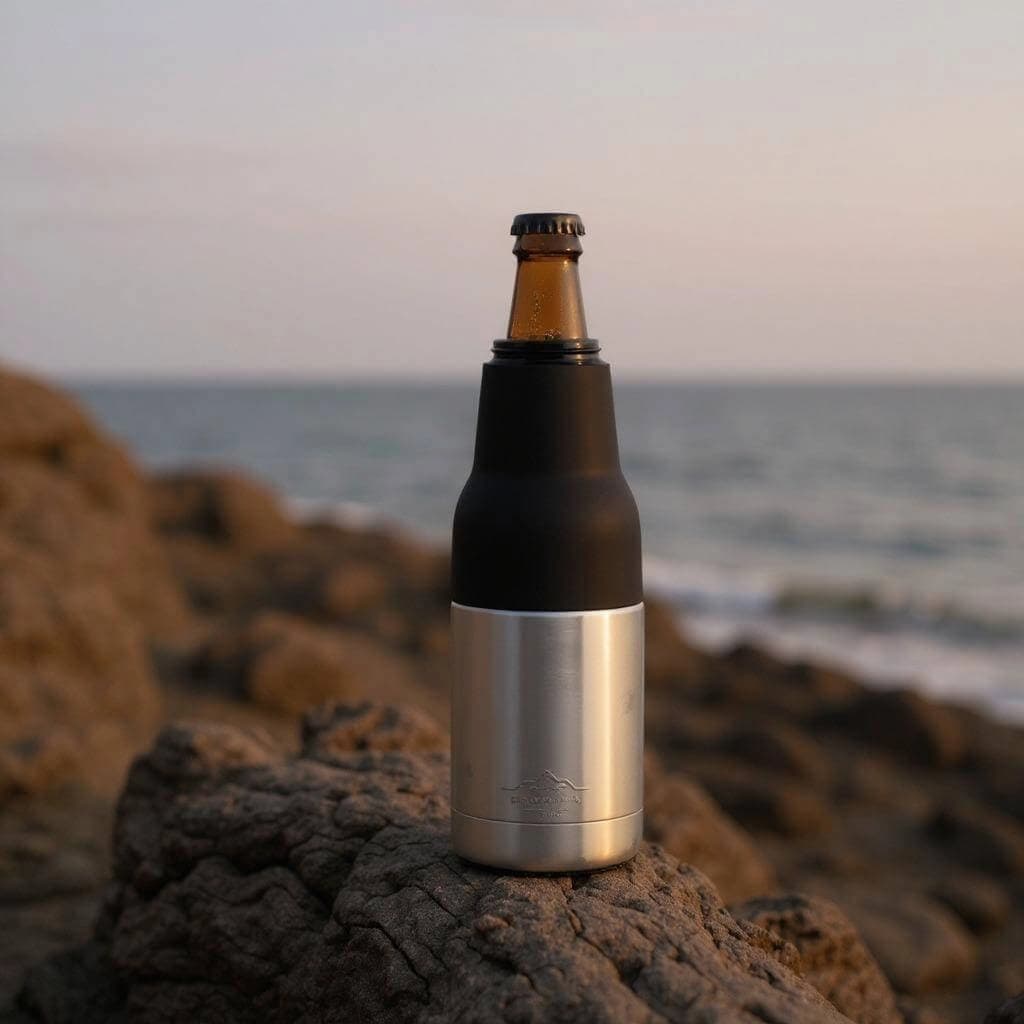 Silver Frostify cooler on rock with mountain view