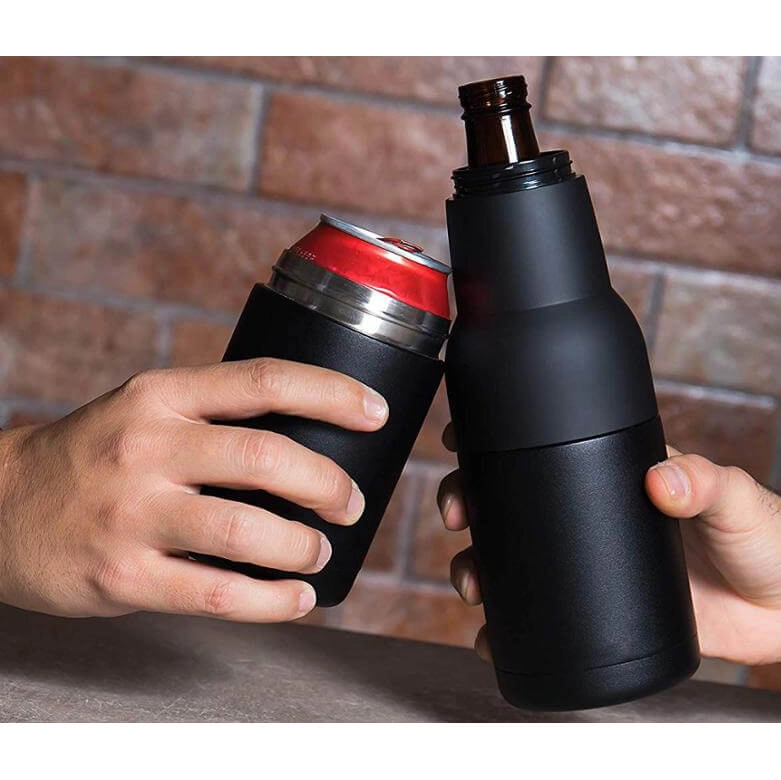 Hands cheers with Frostify stubby holder against brick wall - social drinking accessory