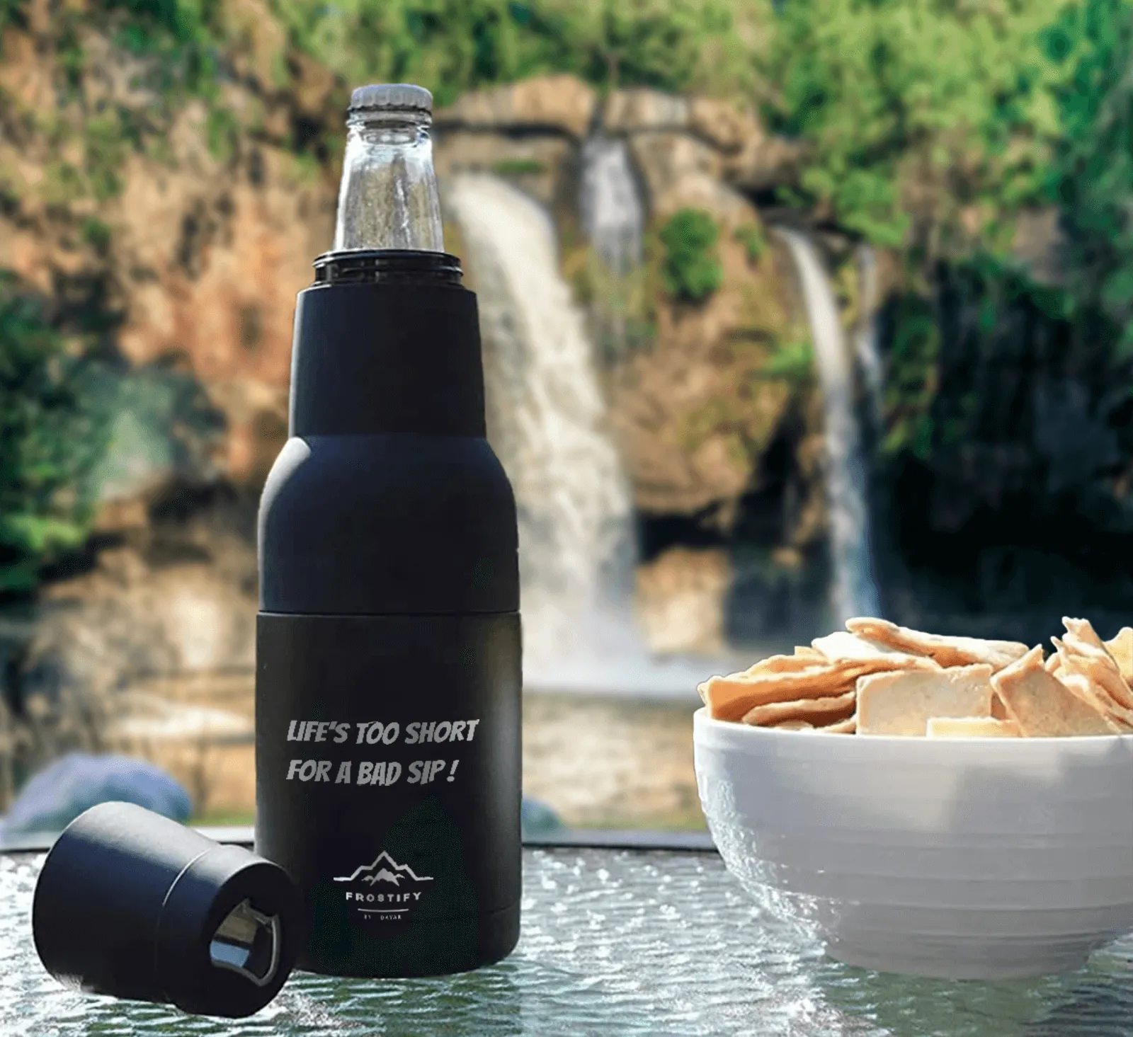 Frostify stubby holder with waterfall background - outdoor drink cooler