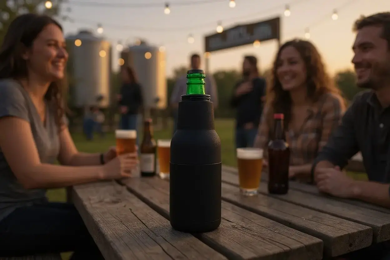 Friends gathering with Frostify stubby holder on table - social cooler