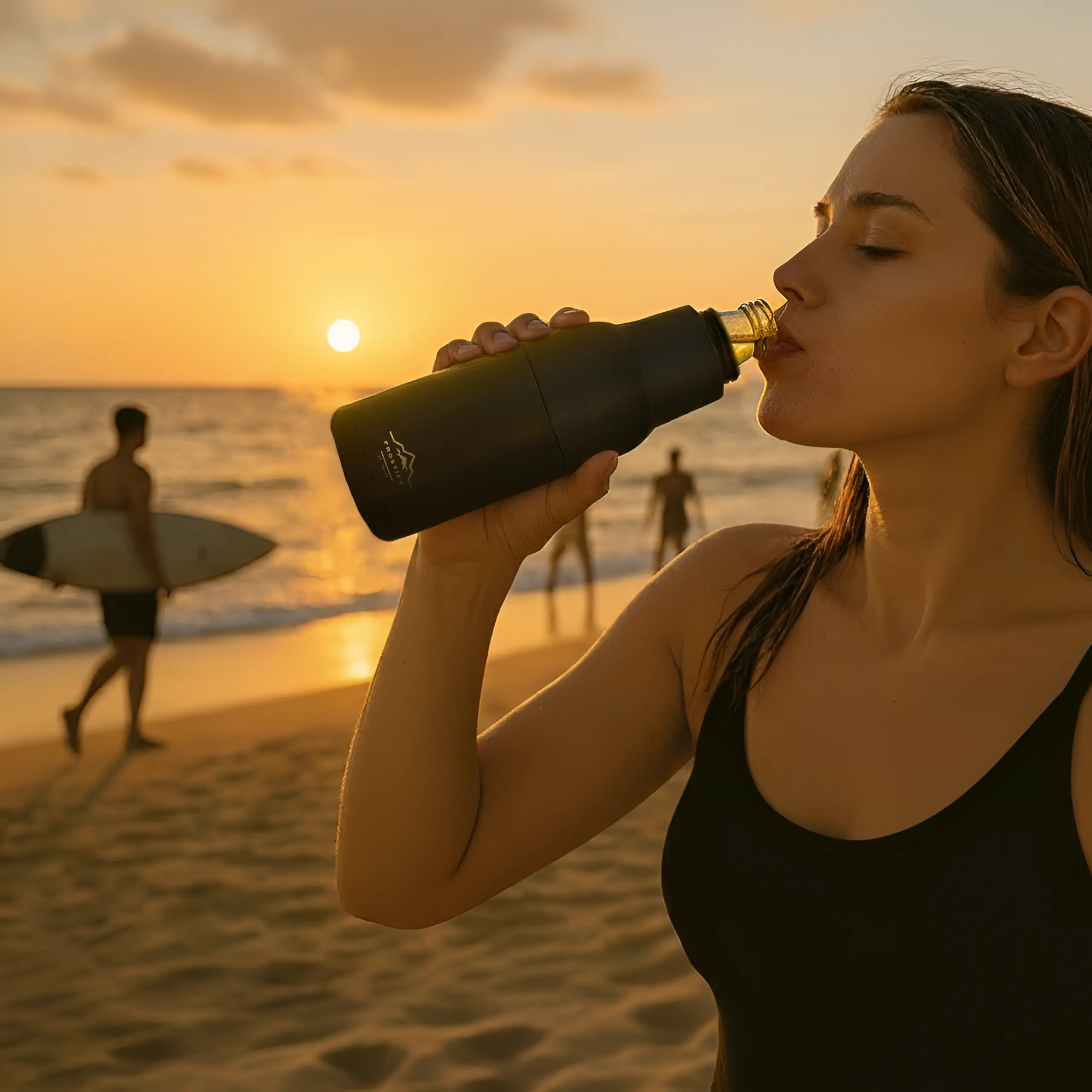 Brunette in swimsuit using Frostify stubby cooler at beach golden hour