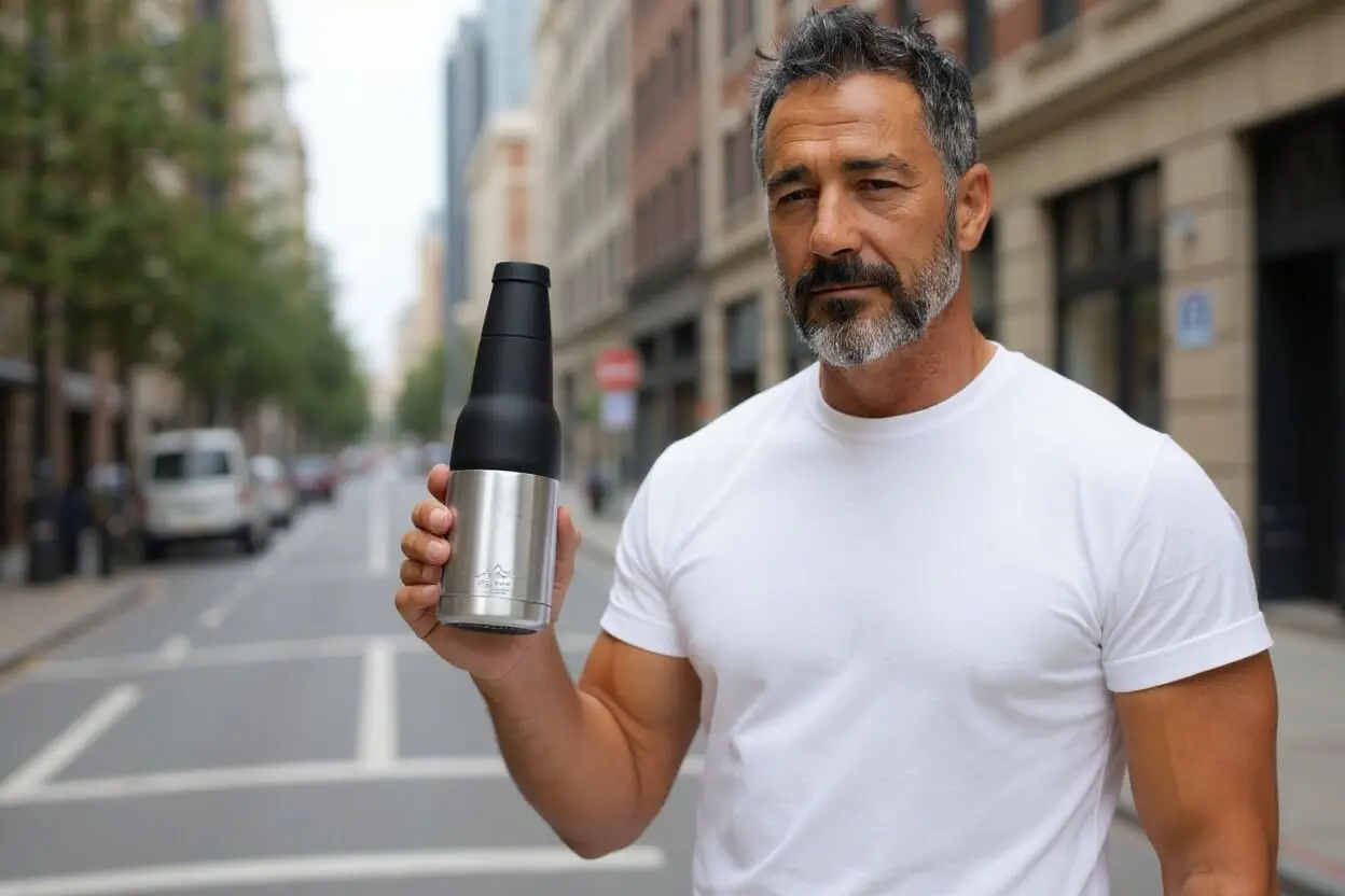 Man in white shirt holding silver Frostify cooler in urban setting