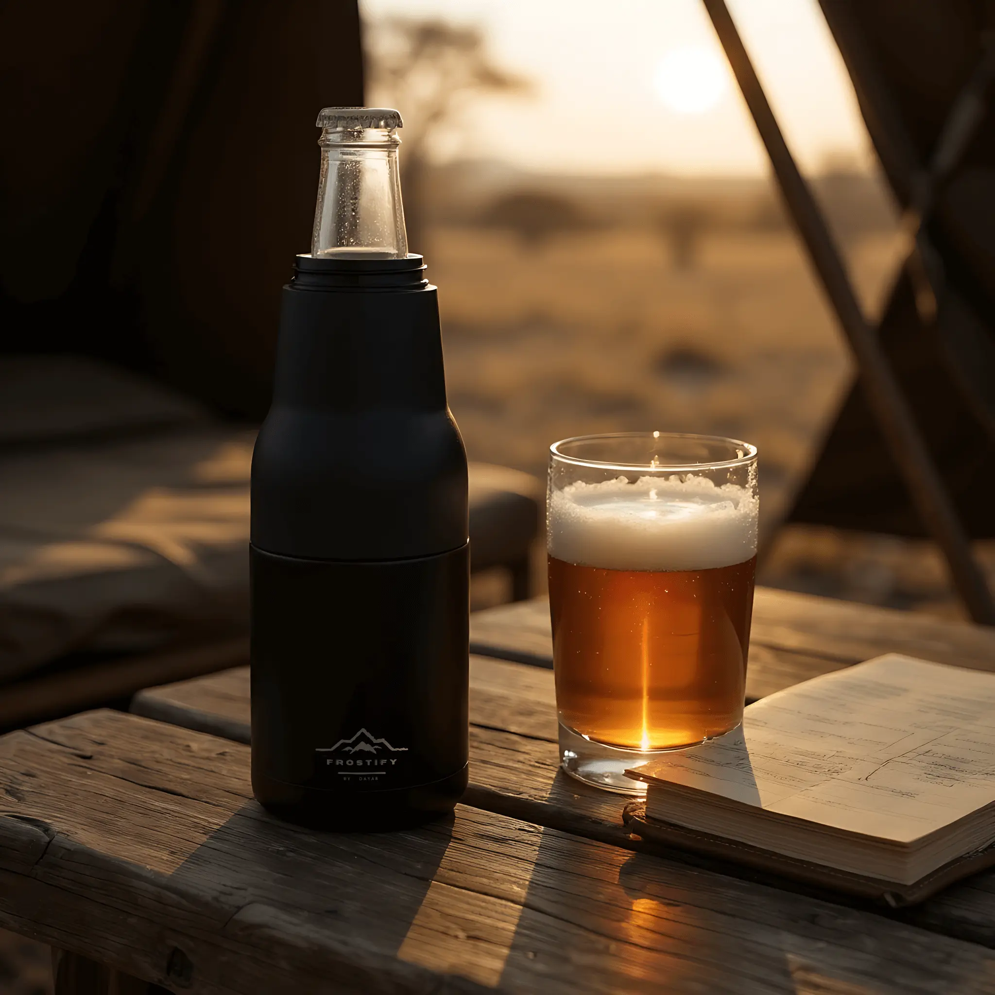 Frostify beer cooler on wooden table with beer glass and book - reading companion