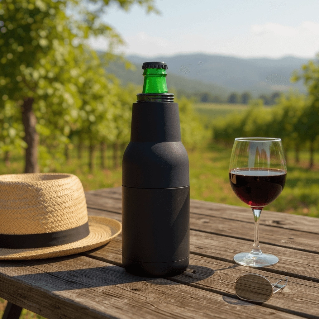 Black Frostify stubby holder with wine glass in green field - insulated cup holder